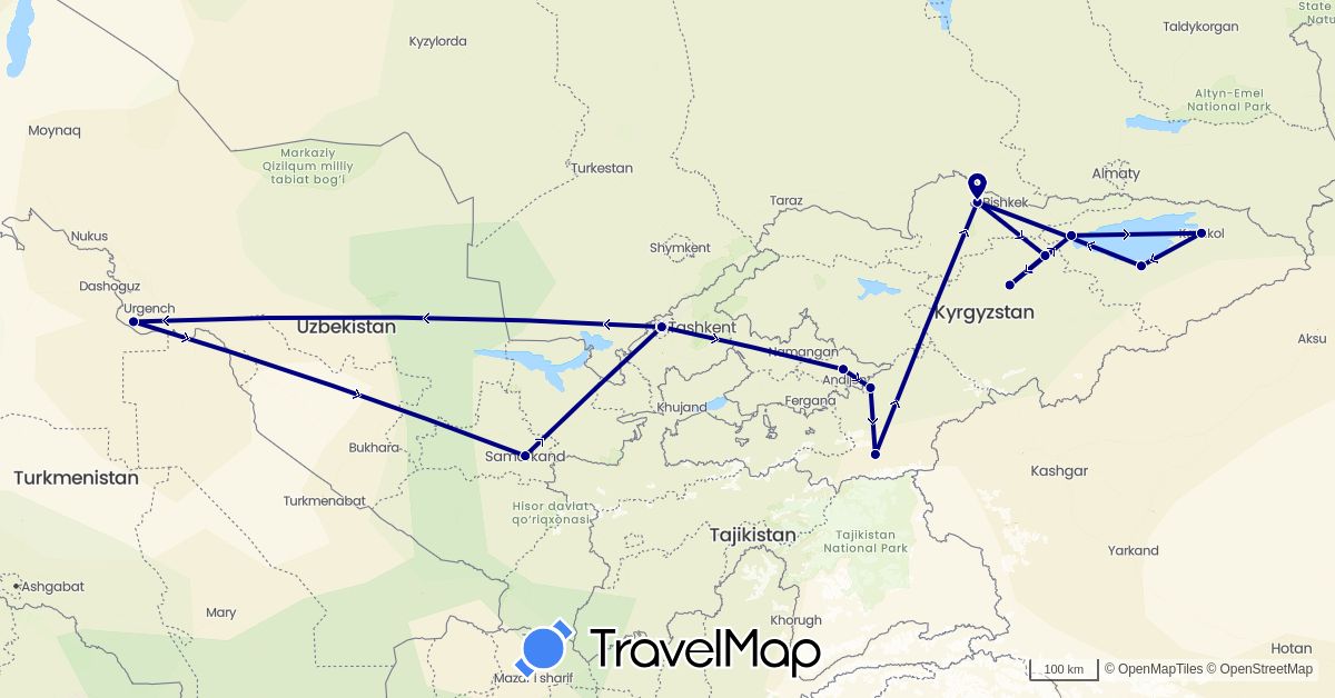 TravelMap itinerary: driving in Kyrgyzstan, Uzbekistan (Asia)